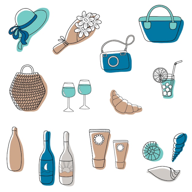 Set for a picnic day Basket drinks croissant bag flower glasses hat camera Vector illustration