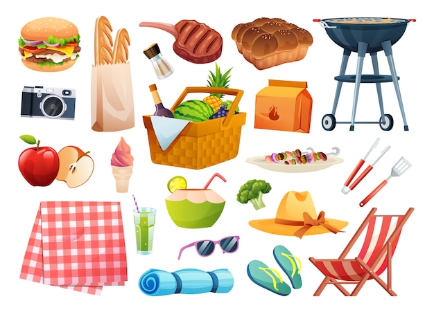 Set of picnic elements. Basket with food, beverage, fruits, grilling equipment vector illustration