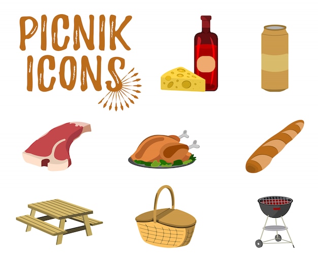 Set of Picnic elements Cartoon style Vector Illustration.