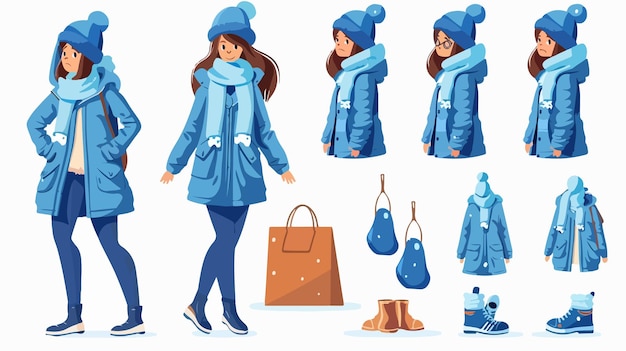 Vector a set of pictures of a girl in a blue coat and boots