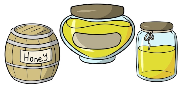 A set of pictures honey collection containers with yellow honey vector illustration in cartoon style