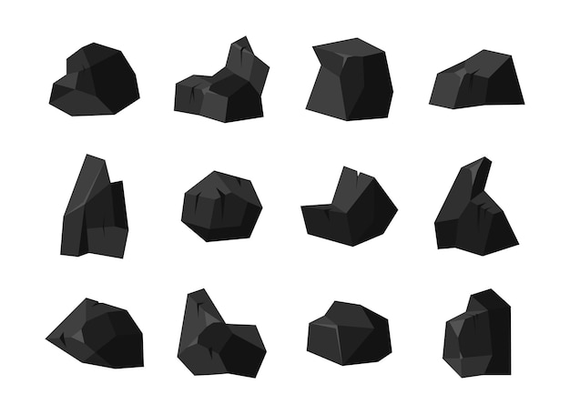 Vector a set of pieces of fossil stone black coal of various shapes with different illumination of the surface.