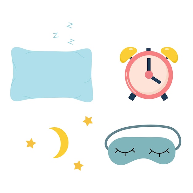 Set of pillow, sleep mask, alarm clock, moon and stars. Vector illustration. Sweet dreams