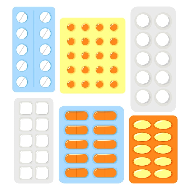 A set of pills in different packages