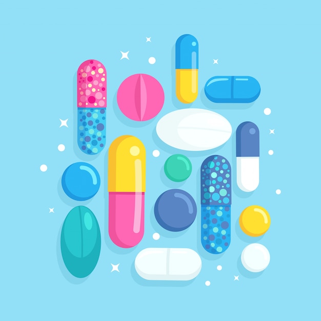 Set of pills, medicine, drugs. Painkiller tablet, vitamine, pharmaceutical antibiotics. Healthcare concept.  cartoon 