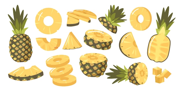 Set of Pineapples, Ripe Healthy Organic Product Design Elements, Fresh Tropical Plant. Whole, Half and Sliced Natural Fruit with Juicy Pulp Isolated on White Background. Cartoon Vector Illustration