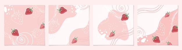 Set of pink backgrounds with strawberries Abstract hand drawn nature collage summer blank