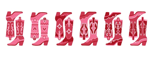 Set of pink cowgirl boots Pink cowgirl boots with decorative details Illustration Vector