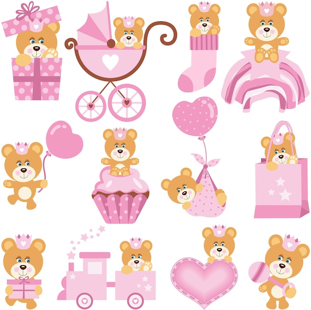 Vector set of pink digital elements of cute baby girl teddy bear