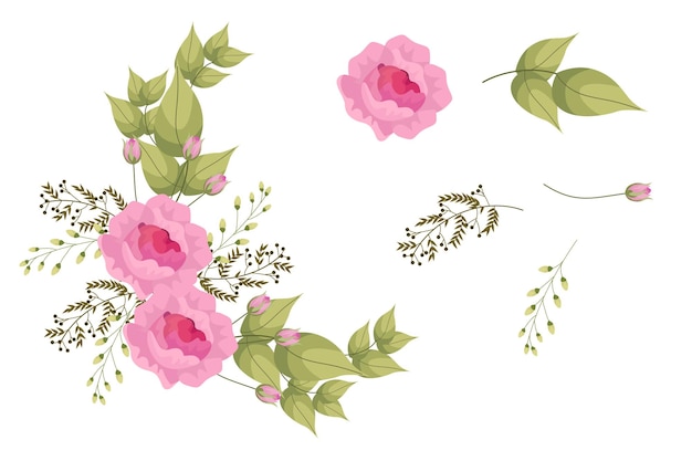 Set of pink flowers and green leaf clipart isolated