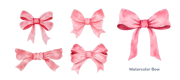 Set of Pink gift bow in watercolor style isolated on white background Hand drawing decorative bow elements vector illustration