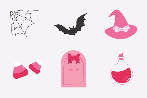 Vector set of pink halloween elements bat witch hat candy tombstone potion trendy coquette style