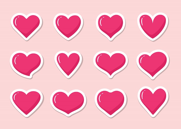 Set of pink heart shaped stickers. Collection of different romantic heart icons for web site, sticker, label, tattoo art, love logo and Valentines day.