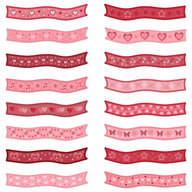 Set of pink and red holiday ribbons, banners with romantic patterns .