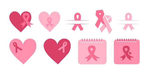 Set of pink ribbon and heart icons Pink October Breast Cancer Awareness sign and symbol Awareness ribbons