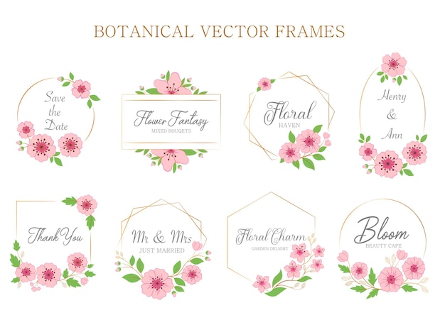 Set of pink sakura botanical frames with text for wedding Vector illustrations