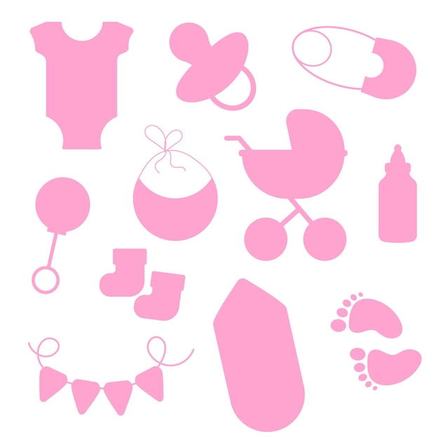 Set of pink silhouette elements for baby showers Vector illustration