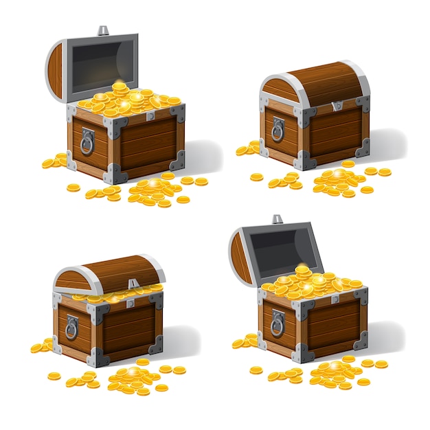 Set piratic trunk chests with gold coins treasures.