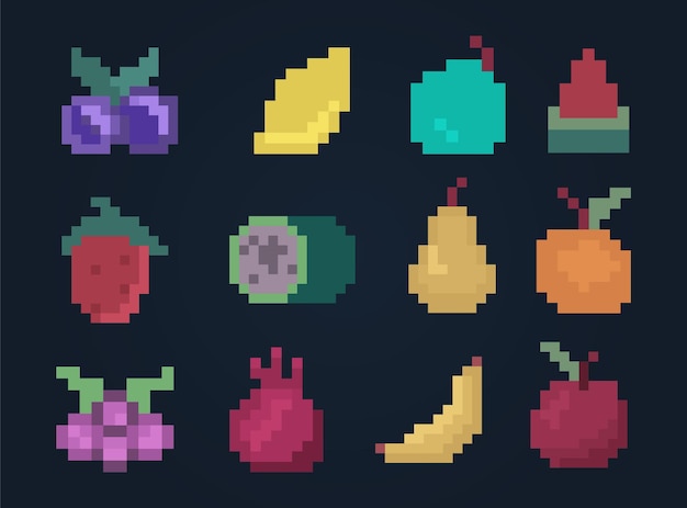 Set of pixel simple fruits elements