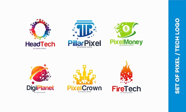 Set of Pixel Tech logo designs concept, Head tech logo, Colorful Head Mind, Pixel Pillar, Pixel Money, Digital money, Digital Planet, Pixel Crown, Fire tech logo template vector