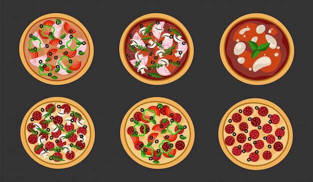 Set of pizza in a flat  on black .  illustration. Isolated.