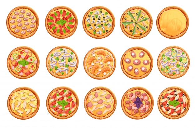 Set of  pizza icons  on white Pizza top view set. Web site page and mobile app   element.