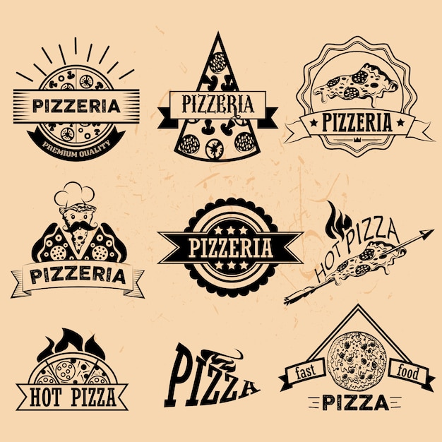 Set of Pizza Labels and Badges in vintage style. Logo, icons, emblems and design elements for pizzeria restaurant.