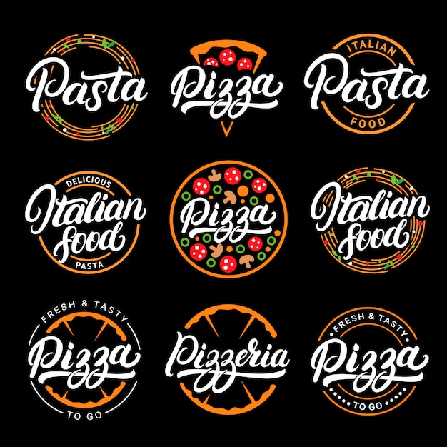 Set of pizza, pasta, pizzeria and italian food hand written lettering logos