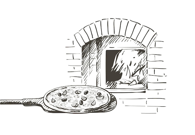 Set of pizza, shovel, baked in a wood-fired oven. Hot fresh pizza in a rustic Italian style with olives mushrooms and cheese wood-burning. Vector vintage line sketch hand-draw illustration