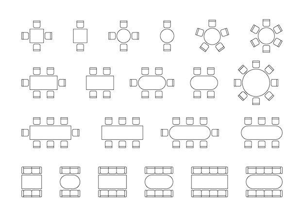 Set of plan for arranging seats couch, chairs, tables in interior. Line scheme furniture, top view