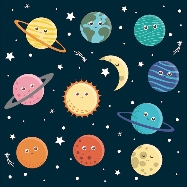 set of planets for children. Bright and cute flat illustration of smiling Earth, Sun, Moon, Venus, Mars, Jupiter, Mercury, Saturn, Neptun on dark blue background. Space picture for kids.