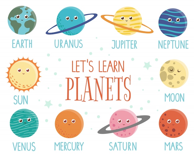 set of planets for children. Bright and cute flat illustration of smiling earth, sun, moon, venus, mars, Jupiter, mercury, Saturn, neptun with names isolated