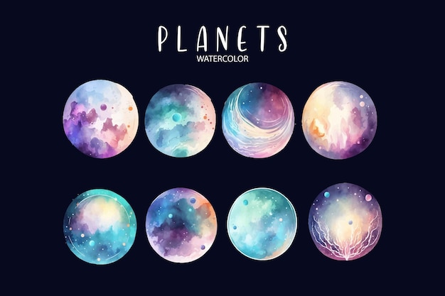 A set of planets watercolors on a dark background