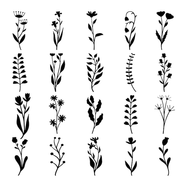 Vector set of plants and flower silhouette