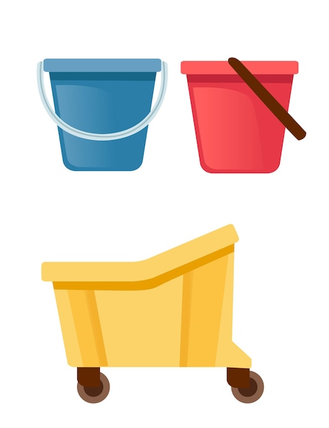 Set of plastic buckets for cleaning housework equipment flat vector illustration isolated on white background