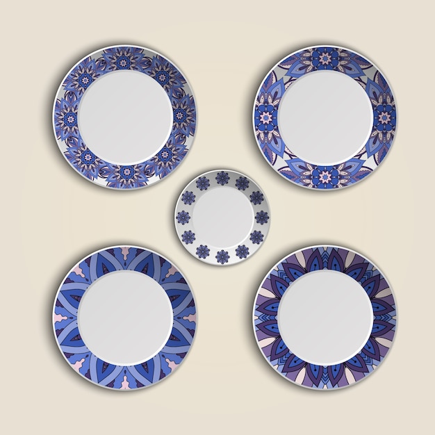 Vector set of plates with elegant ethnic tribal mandala ornament in boho style.