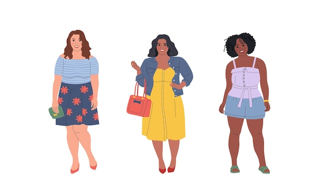 Set of plus size different fashion womenBody positive movement and beauty diversityVector cartoon flat style illustration