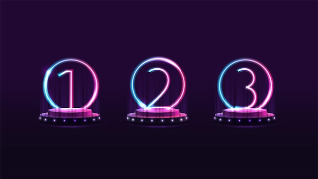 Set of podiums of winners with gradient neon numbers on background for your arts