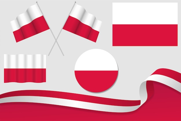 Set Of Poland Flags In Different Designs Icon Flaying Flags With ribbon With Background Free Vec