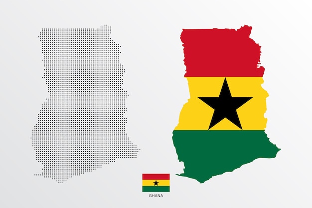 Set of political maps of Ghana with regions isolated and flag on white background