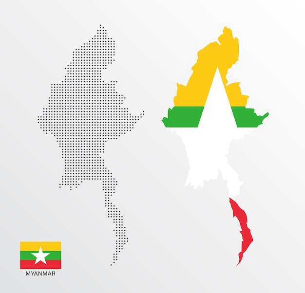 Set of political maps of Myanmar with regions isolated and flag on white background