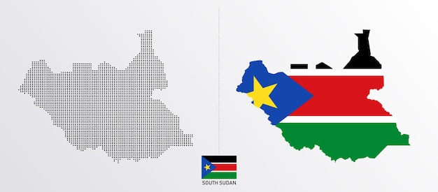 Set of political maps of South Sudan with regions isolated and flag on white background