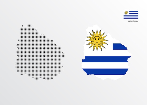 Set of political maps of Uruguay with regions isolated and flag on white background