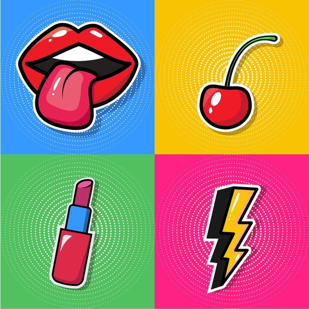 Vector set of pop art icons lips lightning cherry lipstick