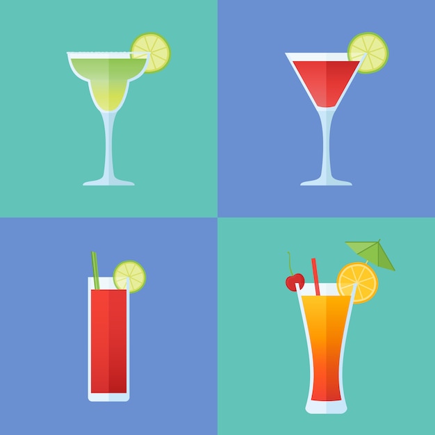 Set of popular alcoholic cocktails flat style icons.