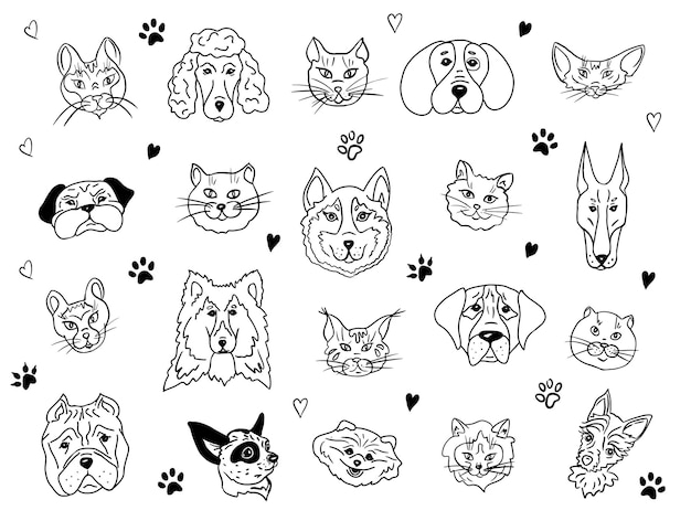 Set of portraits of pets. Heads of cats and dogs of different breeds.Cats and dogs together.Vector