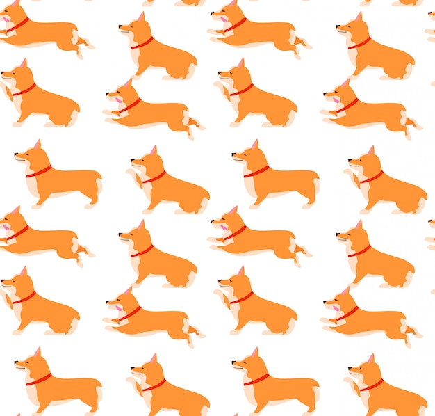 Set of poses and emotions dog seamless pattern. Welsh Corgi Set. 