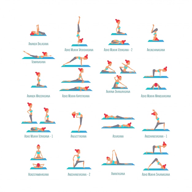  Set of poses yoga girls asanas.