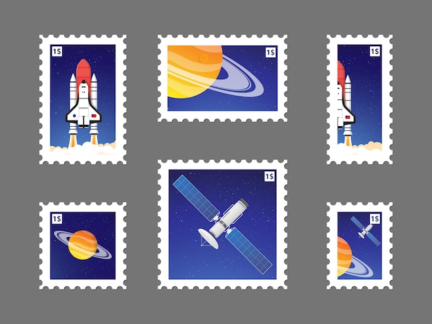 Set Postage stamp With Planet in Space and Satellite  Illustration