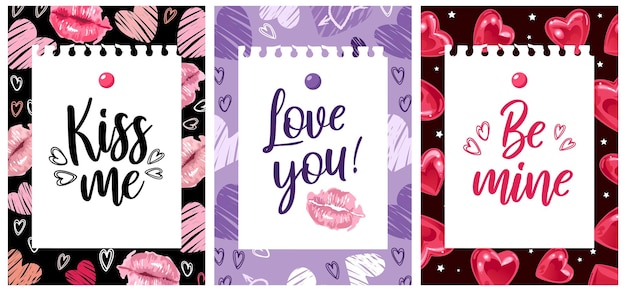 Vector set postcard for valentines day love you kissme be mine letter heart shaped balloons watercolor stile lips grunge textures for posters postcards banners fabric printing